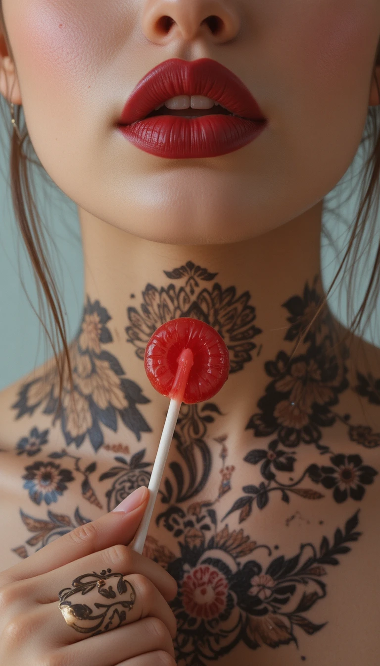 Close-up de mulher com pirulito vermelho e henna mandala