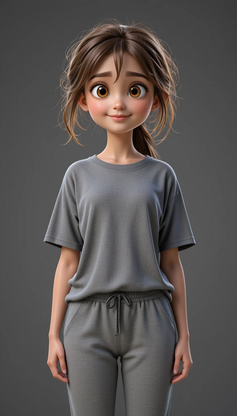 Fille 3D animée en tenue d’intérieur grise avec les cheveux ébouriffés