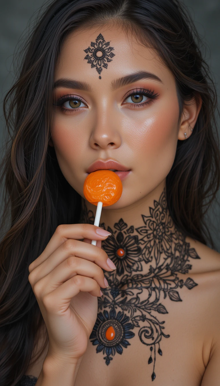 Mulher com pirulito laranja e henna de mandala no pescoço