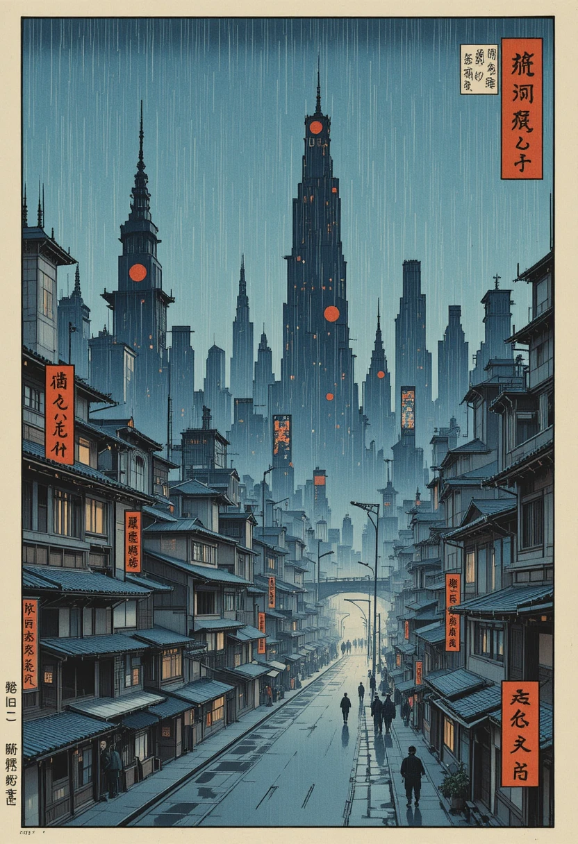 Cidade futurista sob chuva forte em estilo gravura ukiyo-e