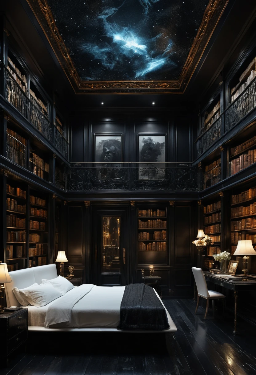 Lussuosa camera da letto scura con superfici di vetro luminose