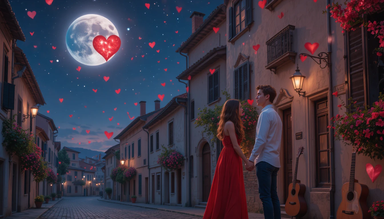 Romantic Italian couple under a heart filled midnight sky