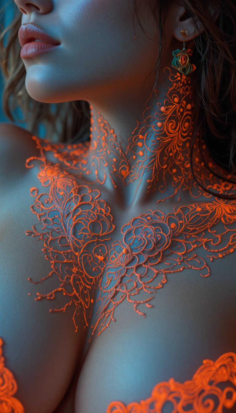 Close-up em neon de pescoço e ombro femininos decorados