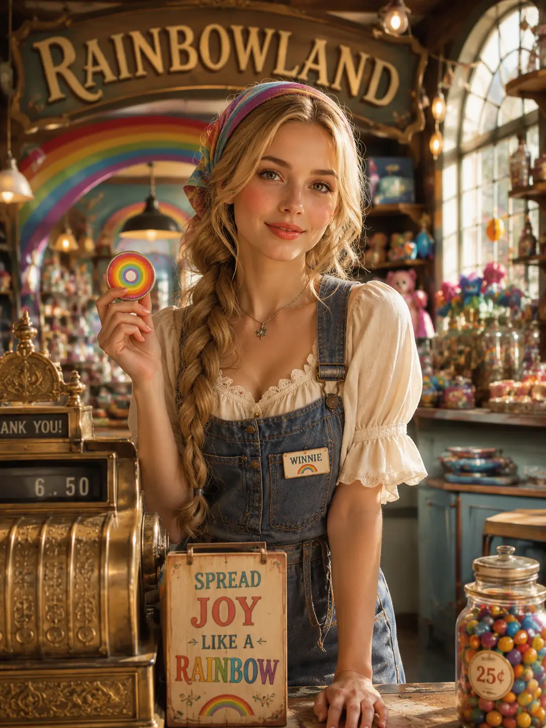 Junge blonde Frau in Vintage-Arbeitskleidung im Regenbogenladen