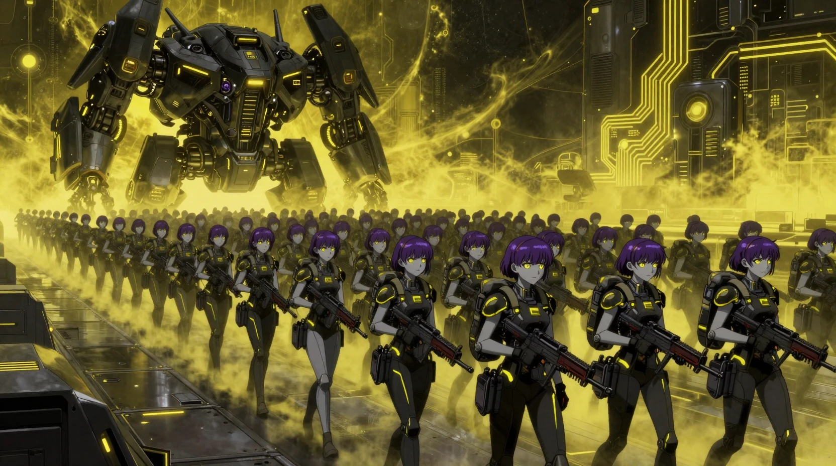 Sci fi armored girls marching across alien metal battlefield