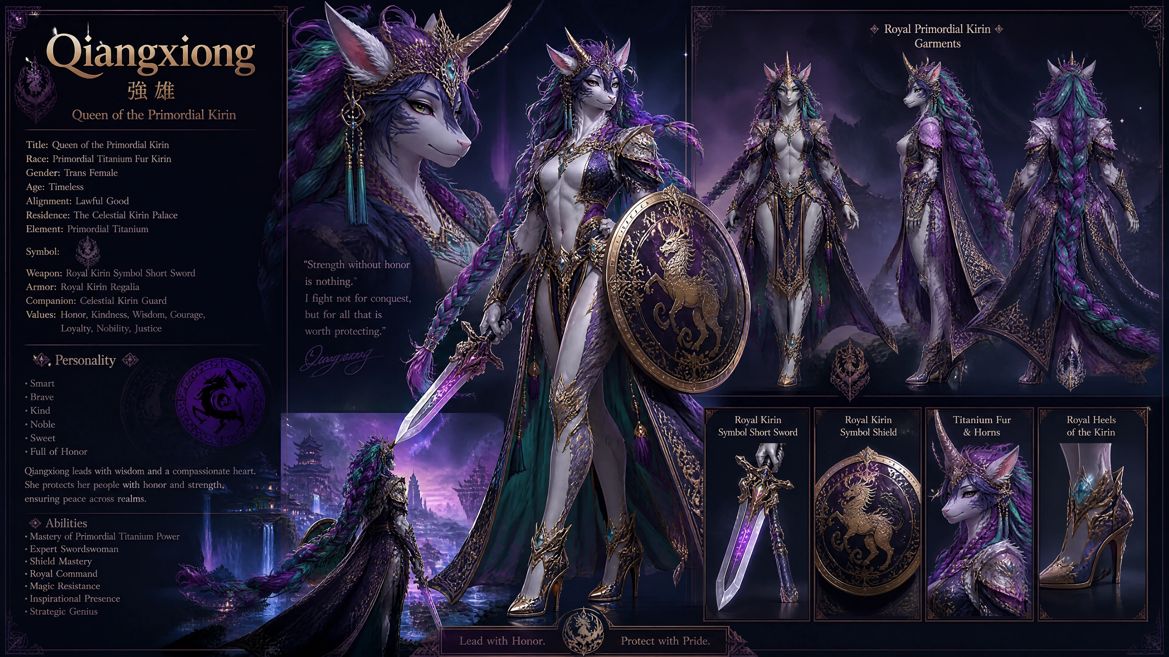 Rainha qilin primordial régia com cabelos trançados roxos e verde-azulados