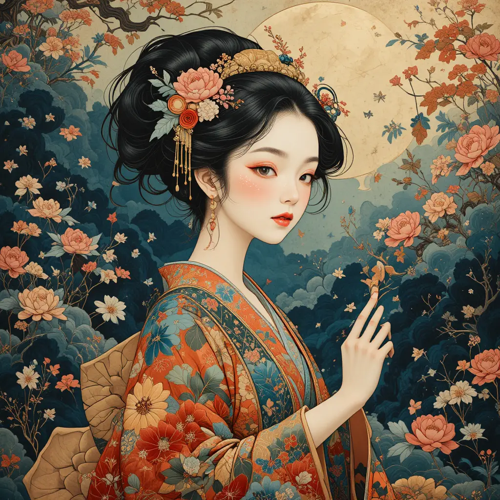Dreamlike japanese scroll illustration with vibrant fantastical scenes