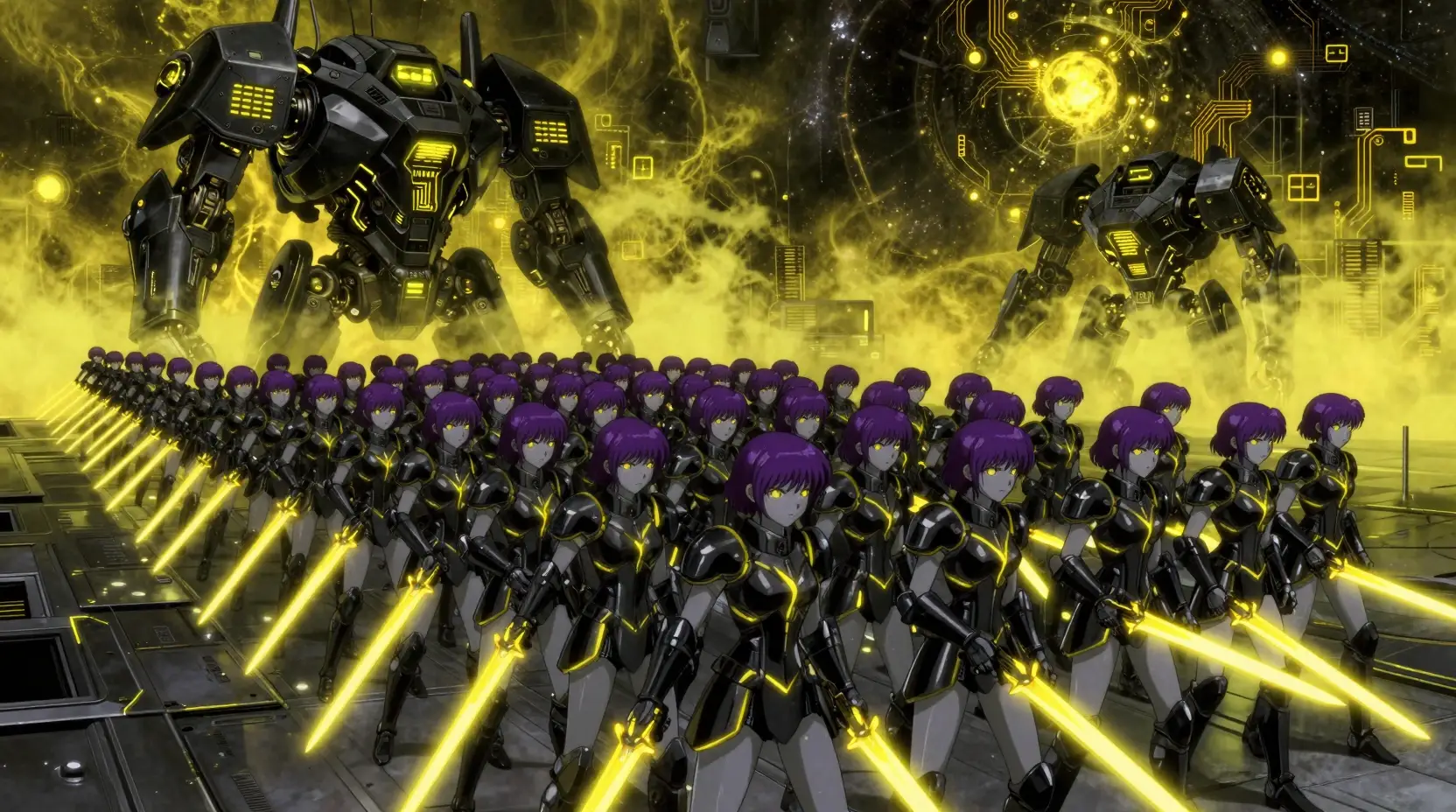 Army of sci fi warrior girls marching with energy swords