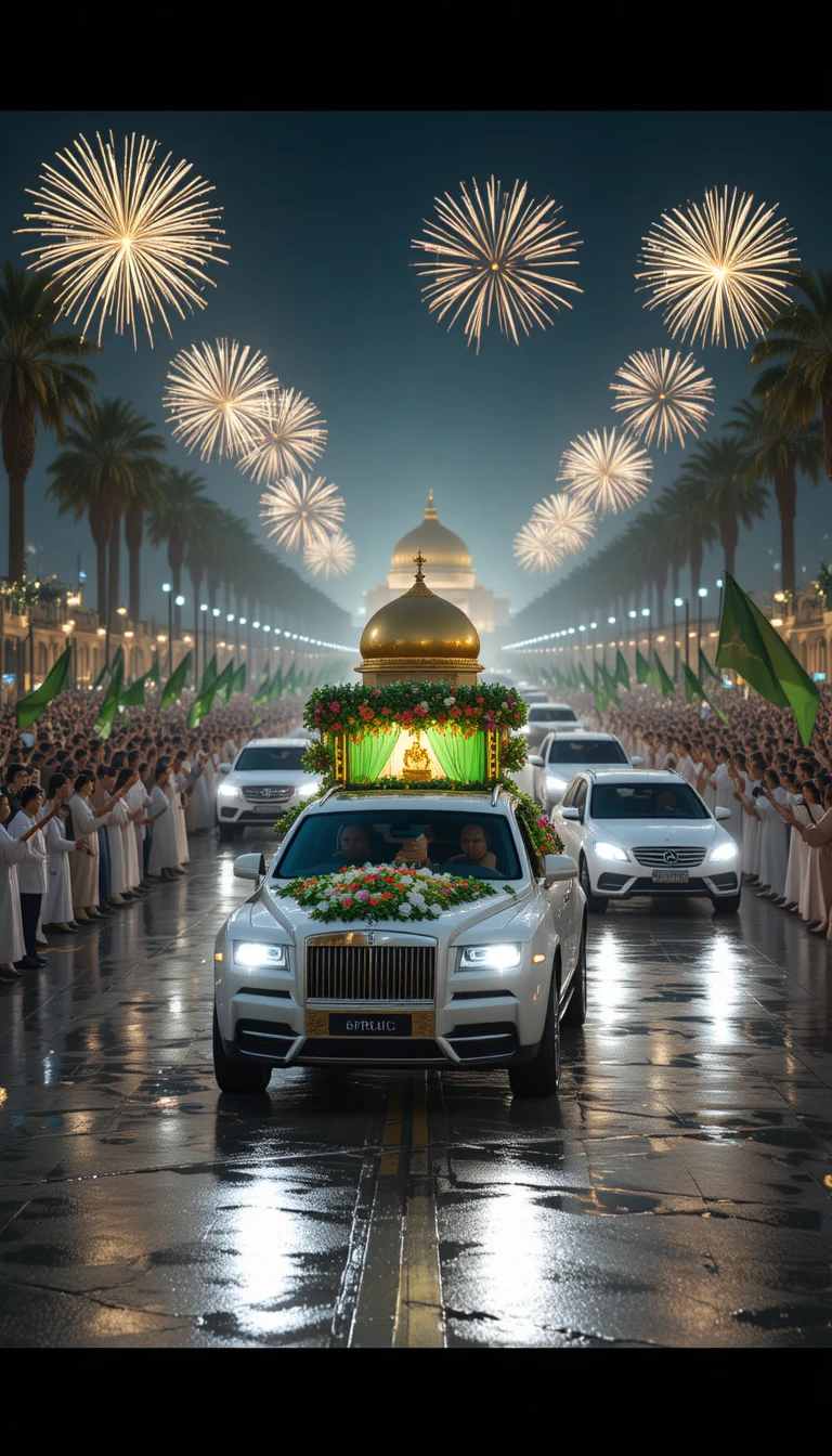 Procissão de Eid Milad com carro decorado e bandeiras verdes