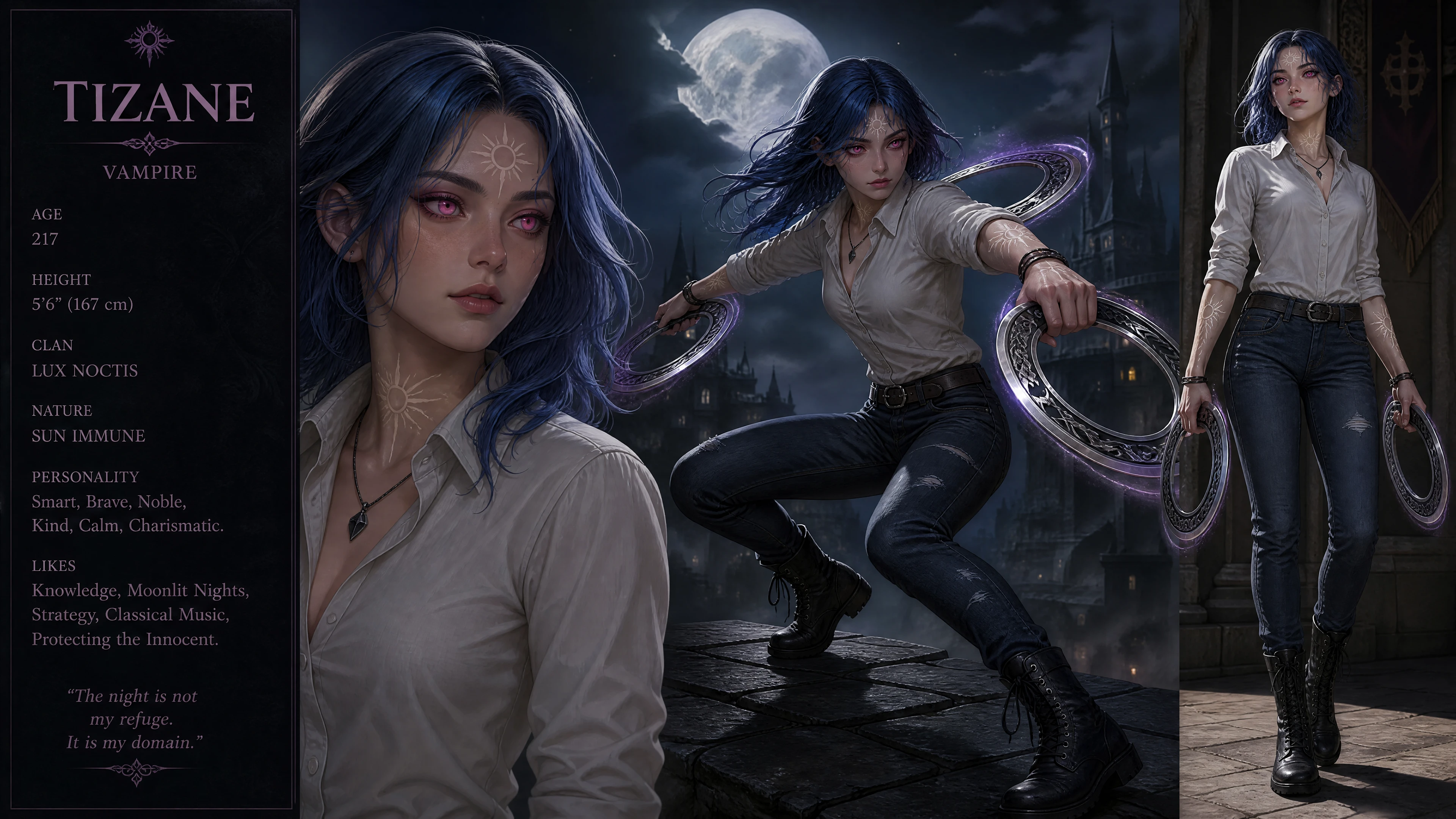 Nobre vampira com chakrams em roupas casuais modernas