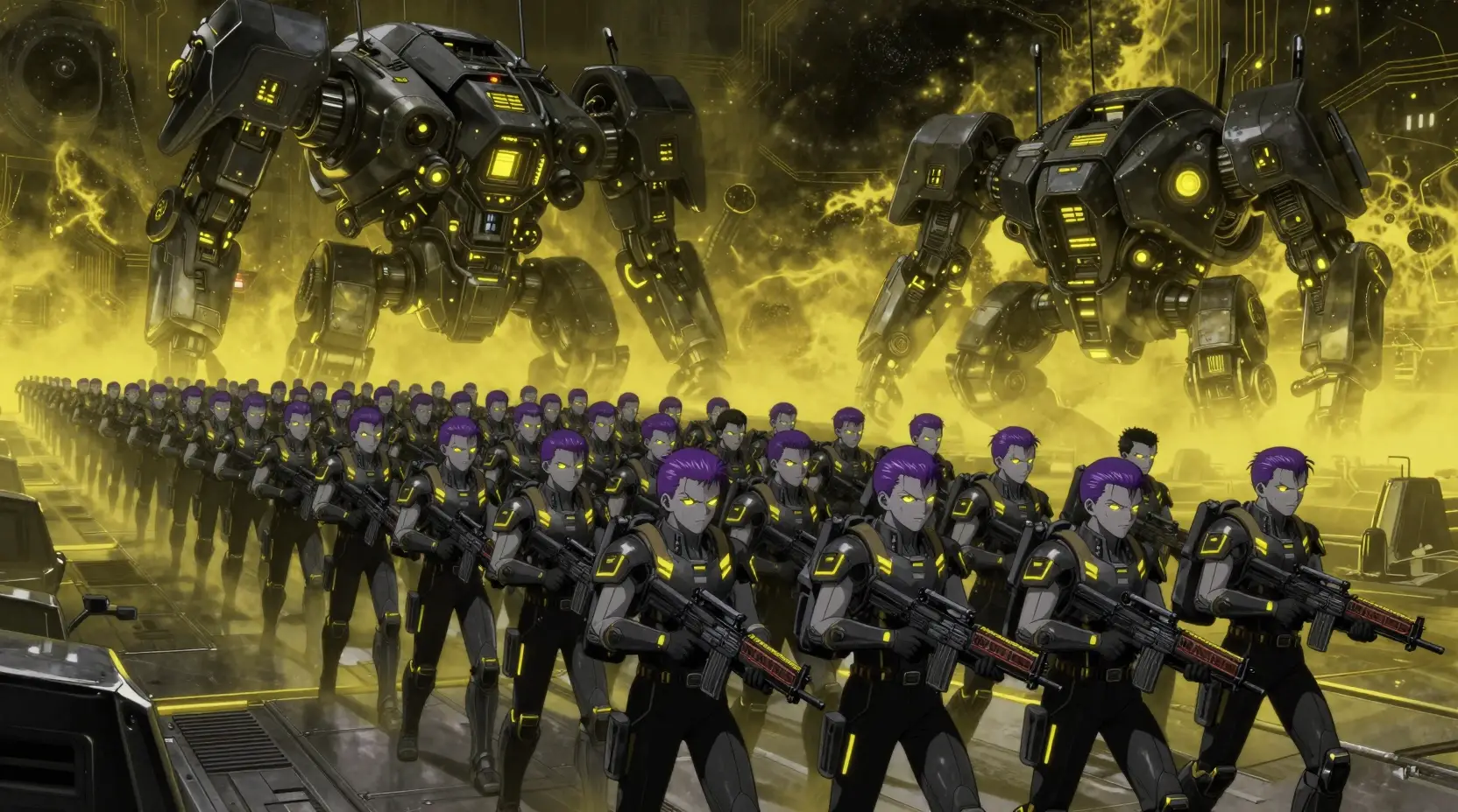 Endless line of sci fi soldiers on alien battlefield