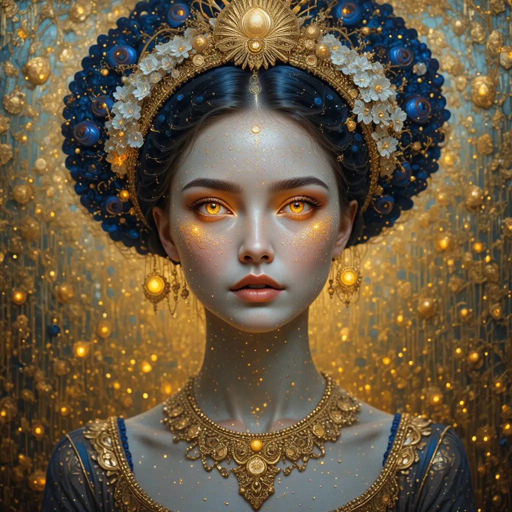Celestial portrait of a regal figure in golden pointillism