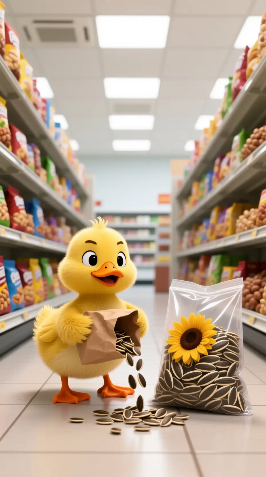 Cute yellow baby duck spilling seeds in supermarket aisle