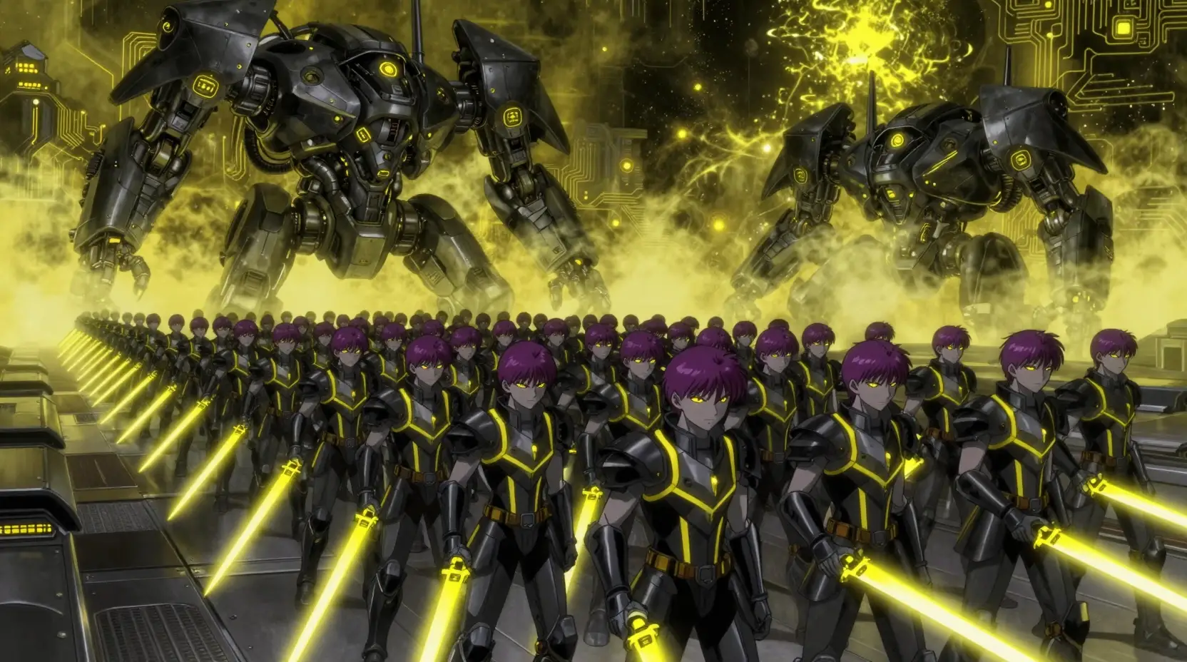 Endless sci fi warriors marching with glowing energy swords