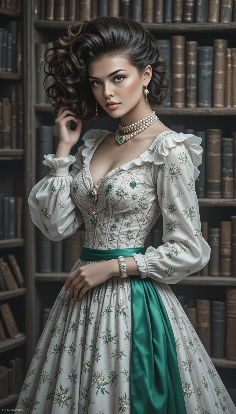 Mulher elegante em vestido vitoriano diante de estantes rústicas de biblioteca