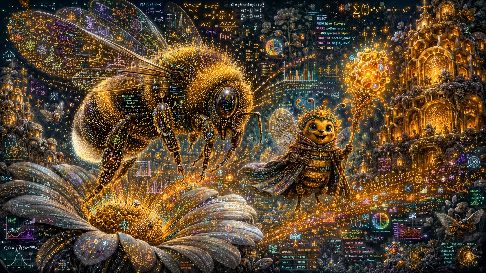 Giant bumblebee hovering over wildflower in data magic glow