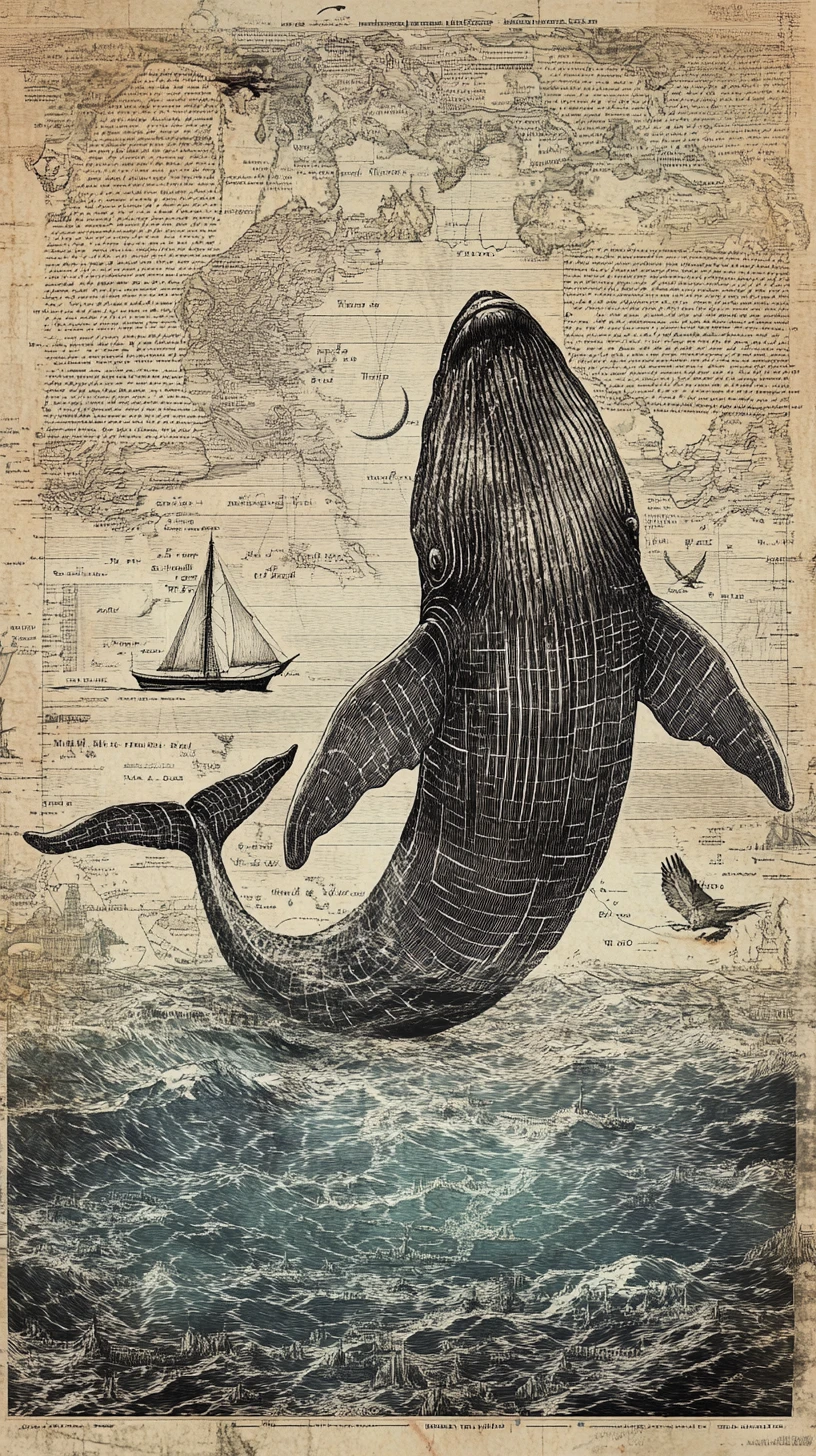 Baleia colossal deslizando por um oceano surreal de linhas do tempo