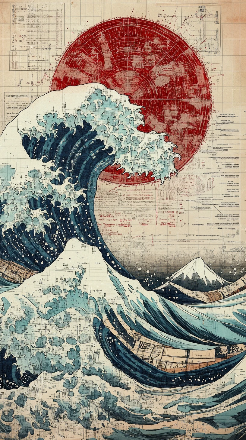 Ondas abstratas gigantes construídas a partir de diagramas matemáticos e náuticos