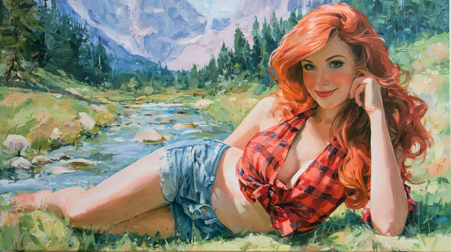 在山間草地休憩的微笑紅髮女子