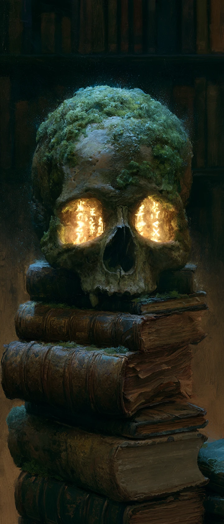 Caveira antiga com runas brilhantes em uma biblioteca sombria