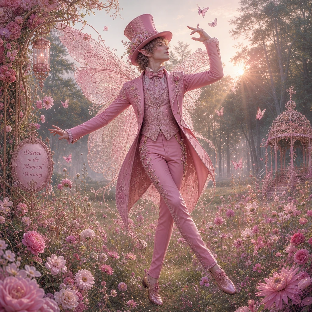 Whimsical woodland fairy dancing in a pink suit