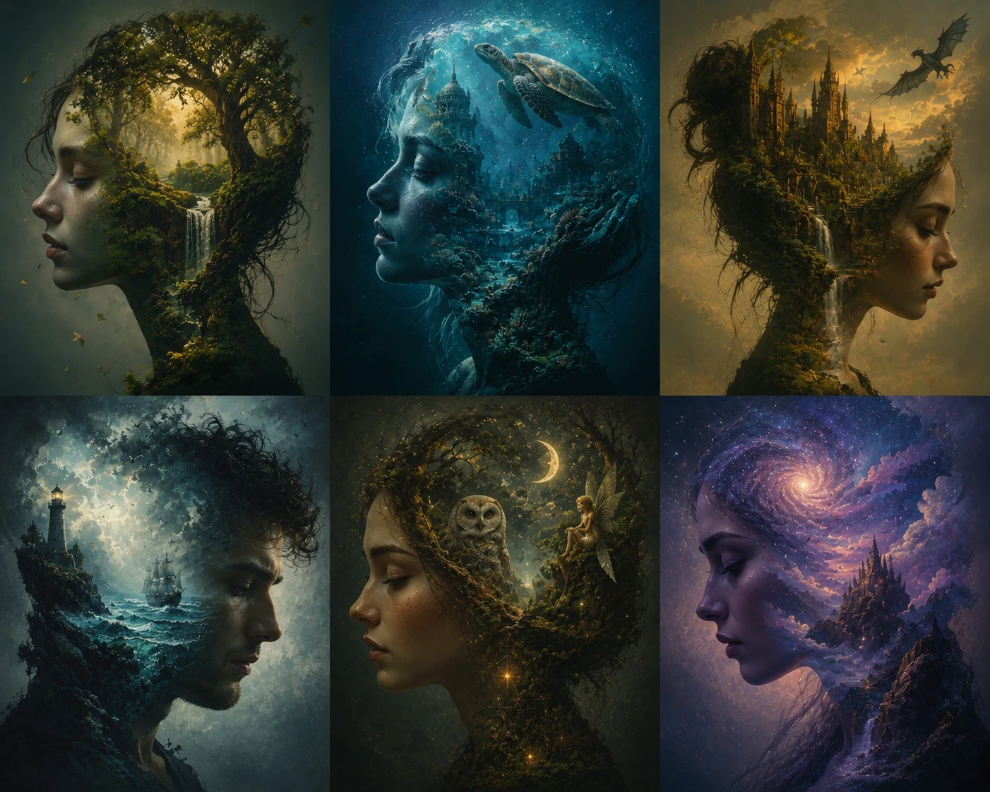 Surreal portrait revealing forests oceans and creatures within