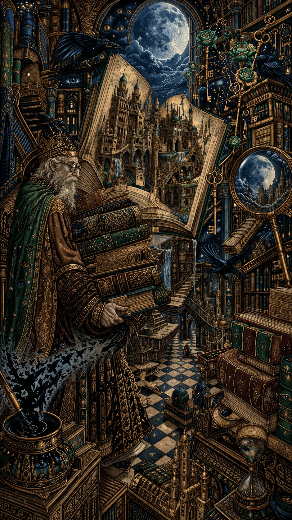 Ancient Librarian Bearing Towering City Filled Tomes