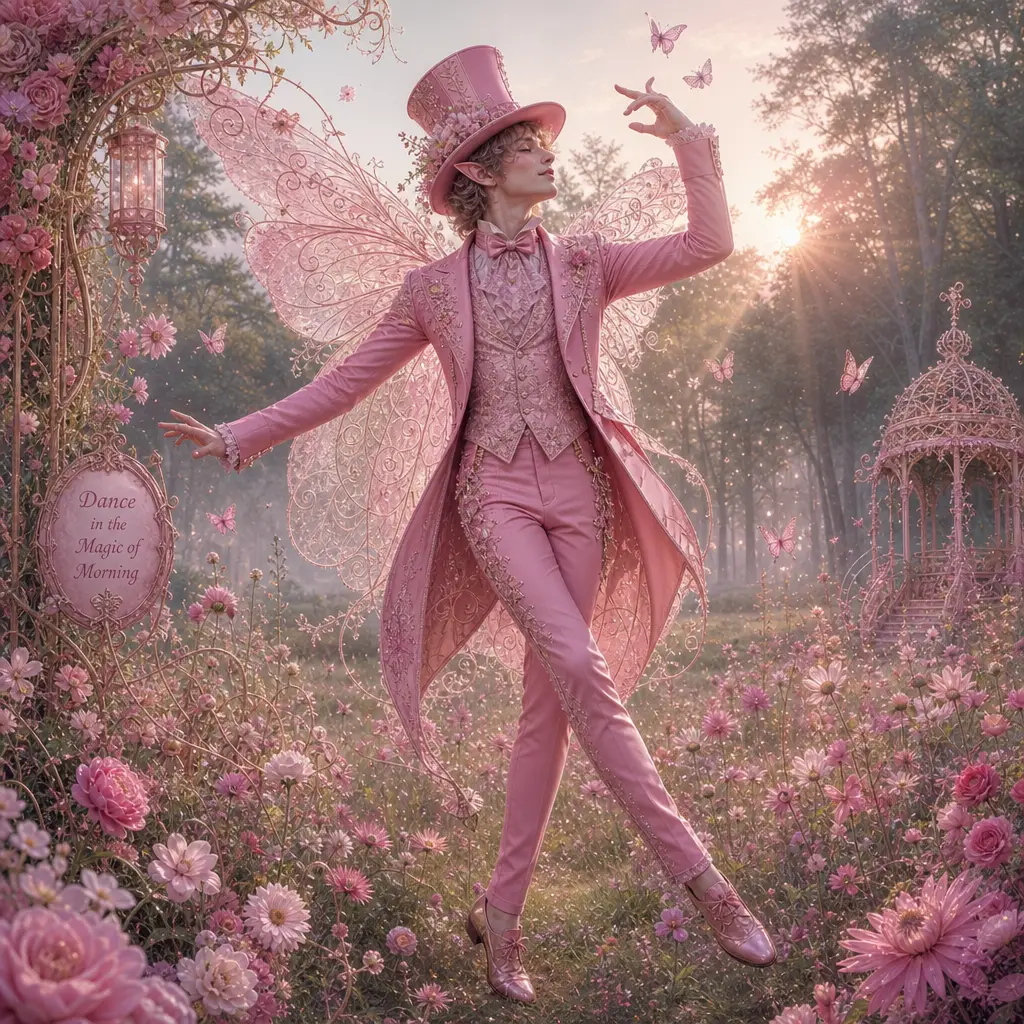Whimsical woodland fairy dancing in a pink suit