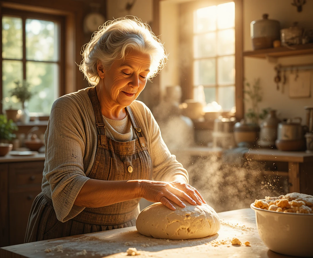 Nonna che impasta il pane in una calda cucina illuminata dal sole