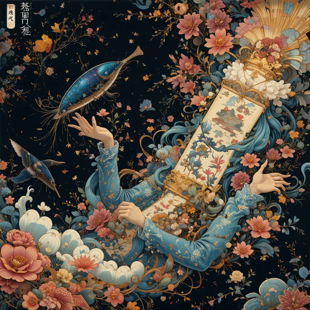 Dreamlike ukiyo e inspired scroll with fantastical scenery