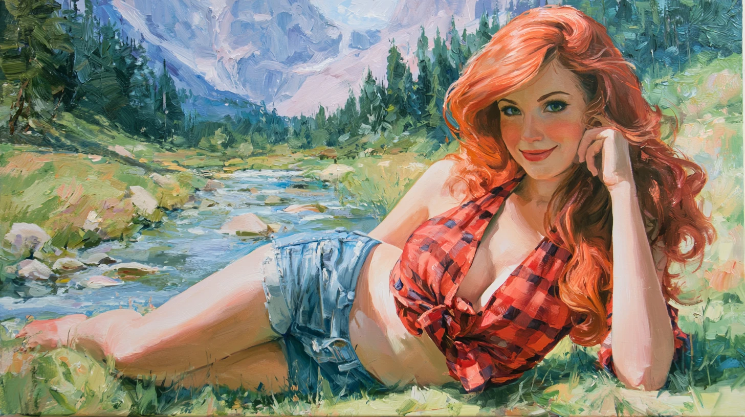 Mulher ruiva sorridente descansando em um prado na montanha