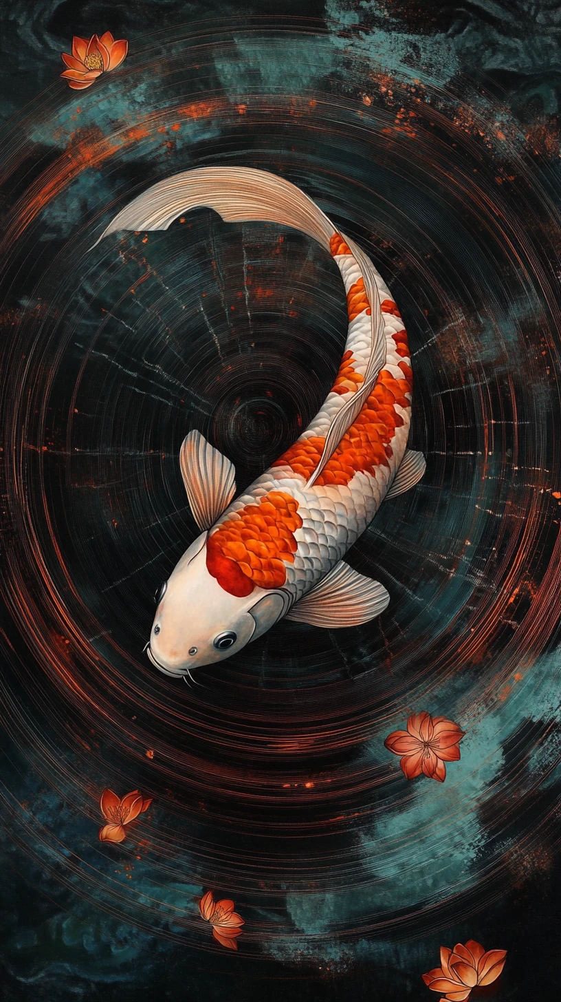 Carpes koi glissant à travers des courants et motifs abstraits tourbillonnants