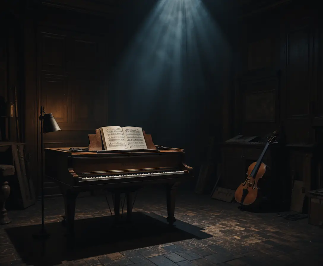 Pianoforte a coda in una sala musicale buia con calda luce di lampada