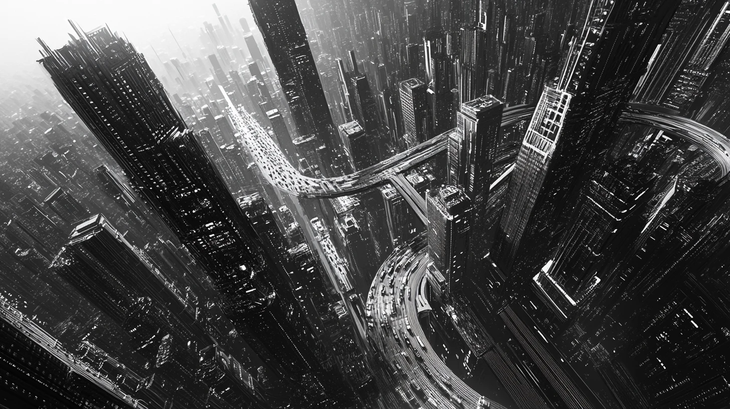 Paisagem urbana surreal que combina arranha-céus com uma orquestra viva