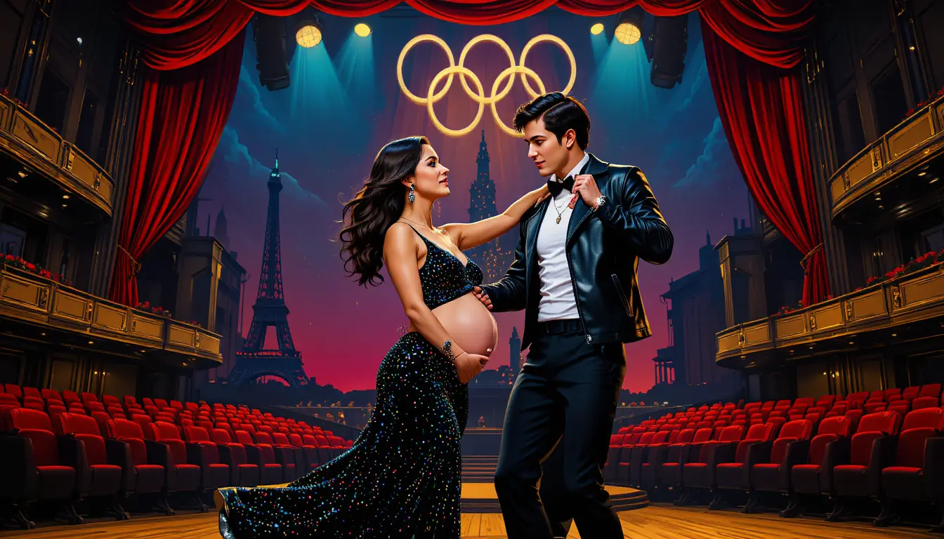 Pregnant couple dancing on a theater stage under Olympic rings
