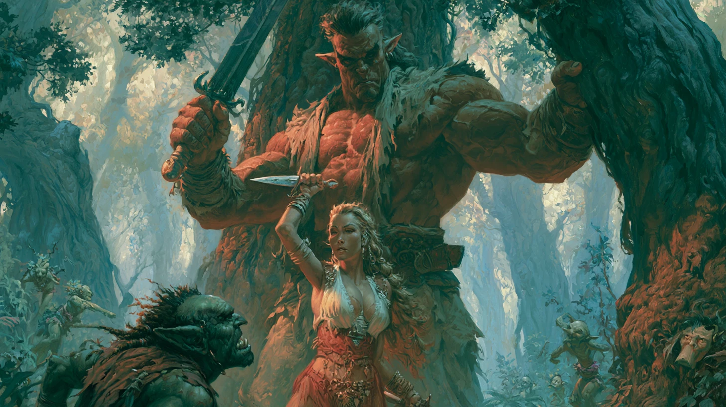 Warrior queen and elven guardian in an enchanted forest
