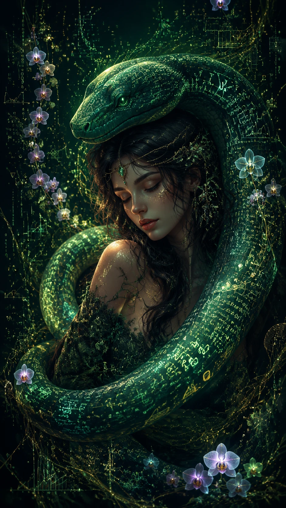 Sorcière de la forêt enlacée par un serpent de données émeraude