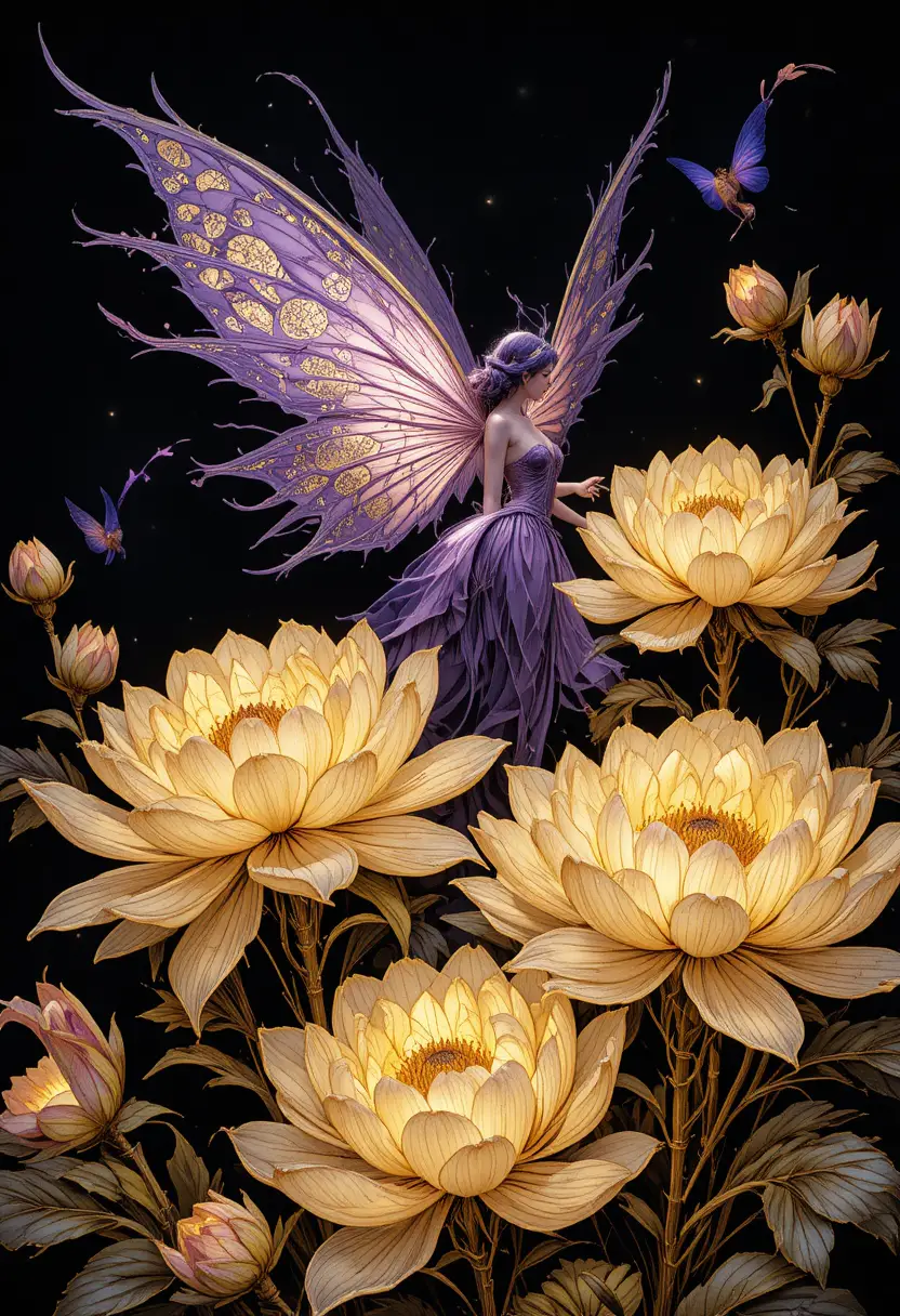 Golden glowing flowers with a delicate purple fairy hovering