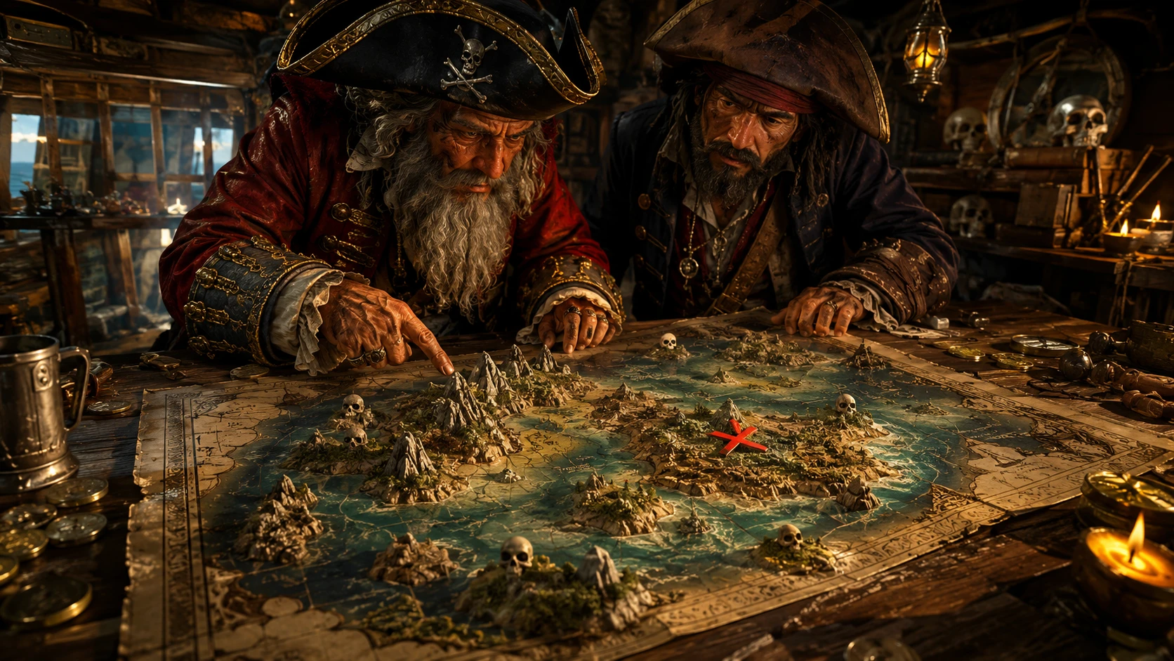 Mappa del tesoro pirata tridimensionale in un covo rustico