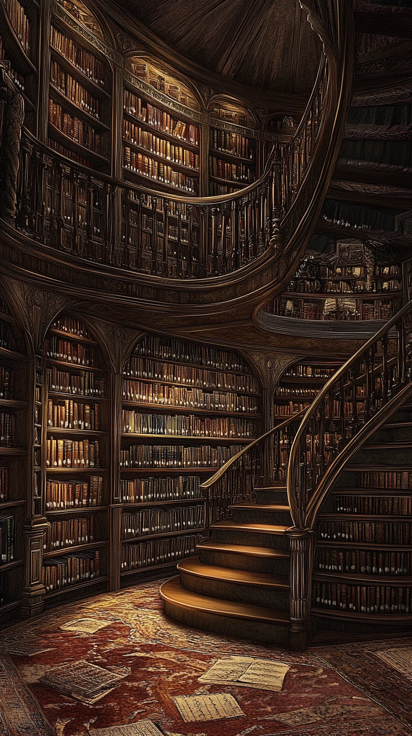 Biblioteca antiga em espiral para um vórtice ótico surreal