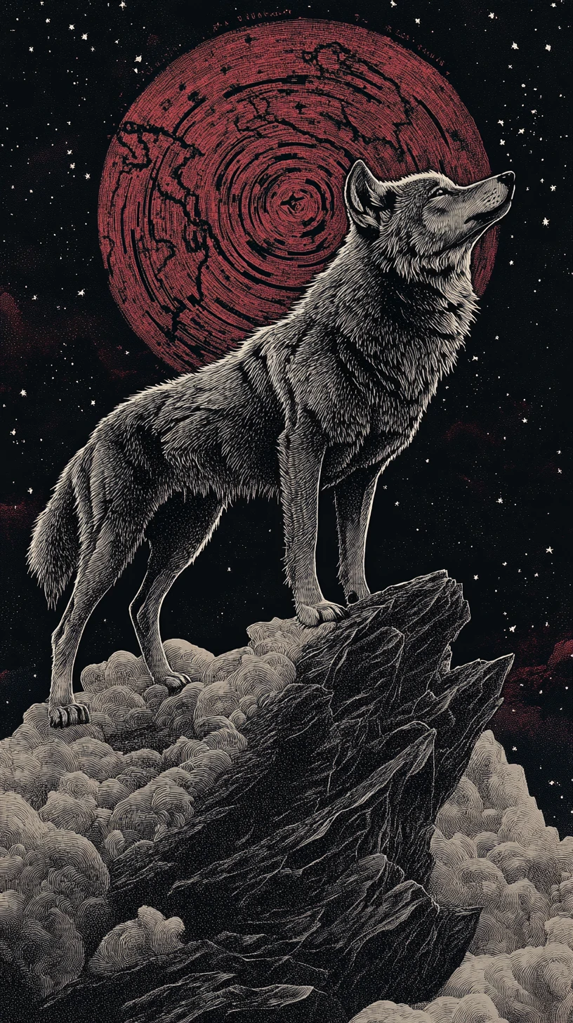 Lobo majestoso em um penhasco formado por constelações pontilhadas