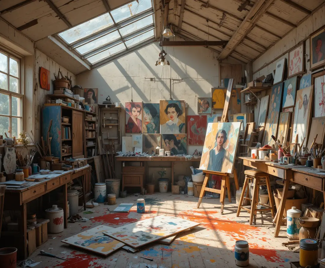 Calda luce solare in un caotico e creativo studio d’artista