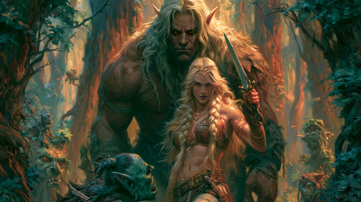 Regina guerriera di fronte a un goblin in una luminosa foresta fantasy