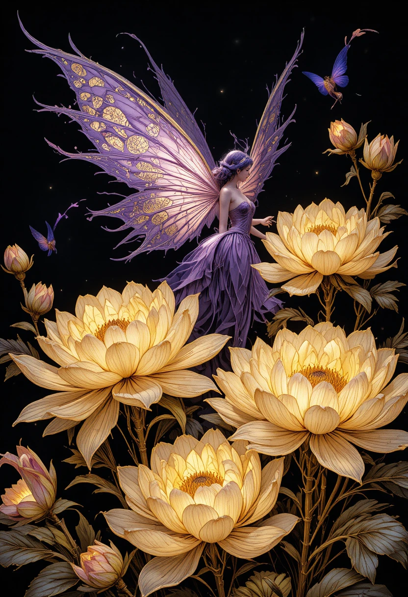 Goldene leuchtende Blumen mit einer zarten schwebenden violetten Fee