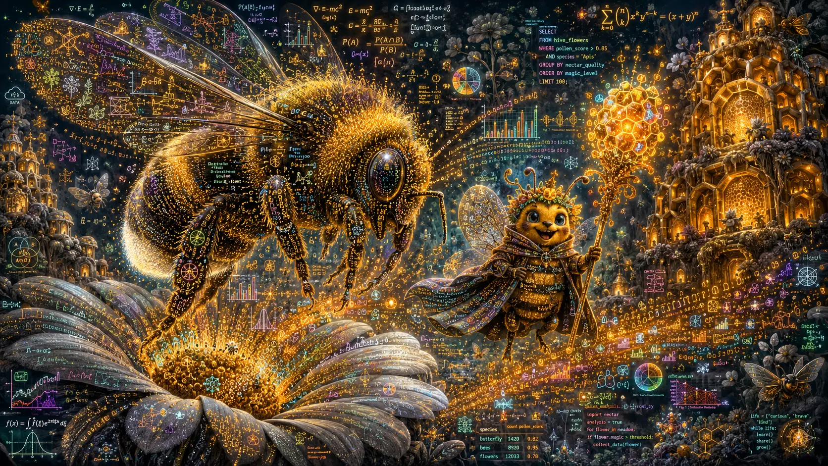 Giant bumblebee hovering over wildflower in data magic glow