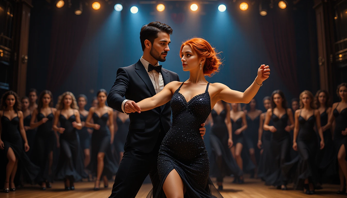 Ballroom dance couple performing on a dramatic dark stage