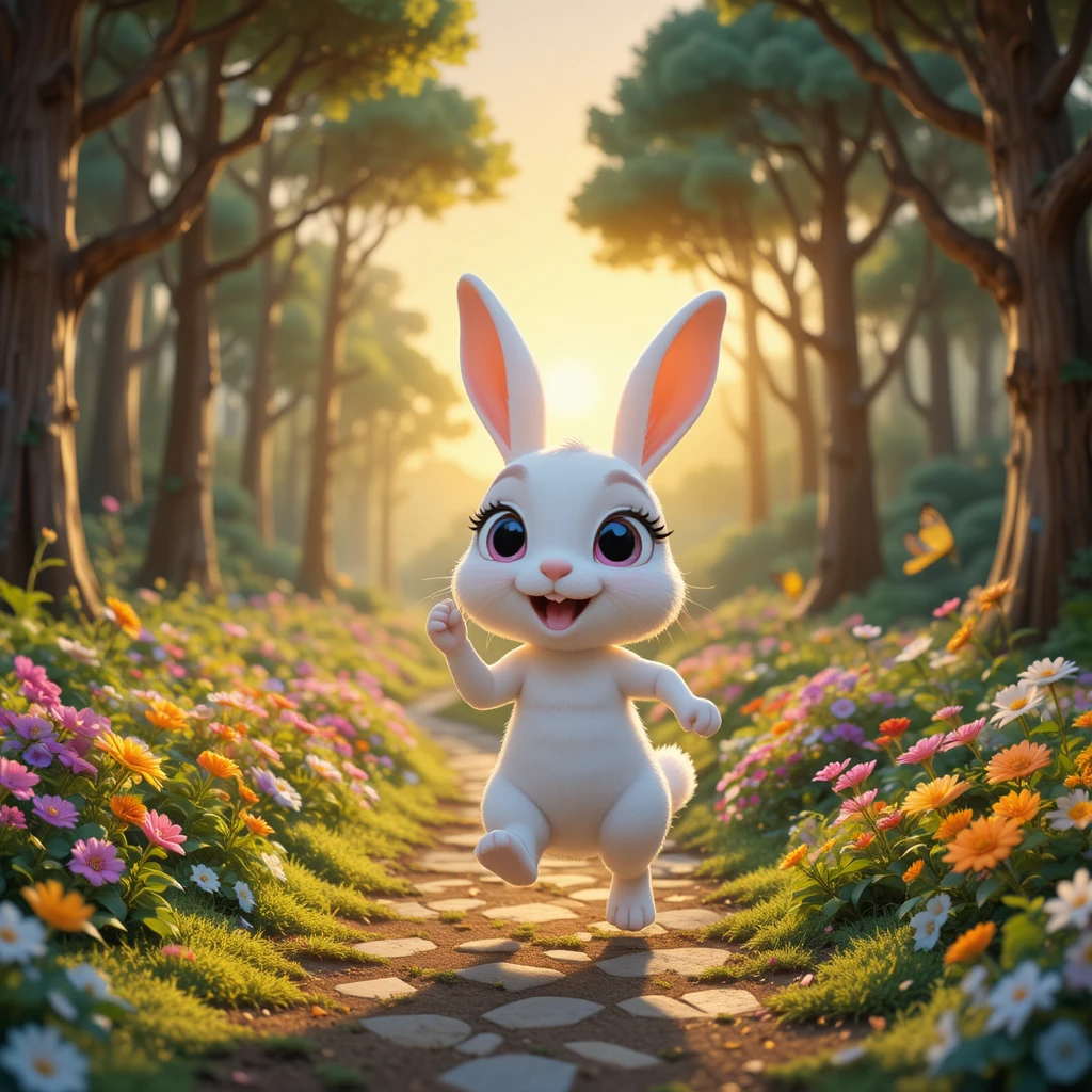 Coelhinho branco fofo pulando por uma trilha colorida na floresta