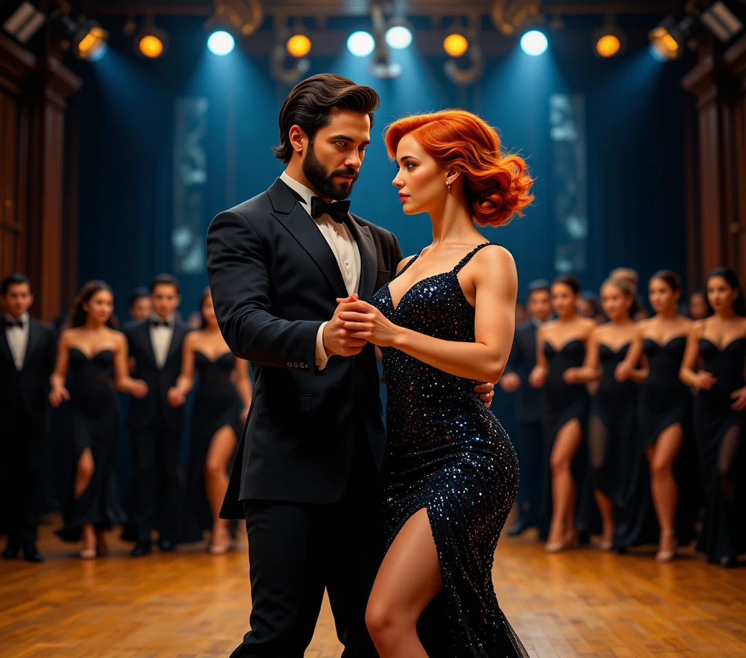 Couple de danse de salon passionné sous des éclairages de scène dramatiques
