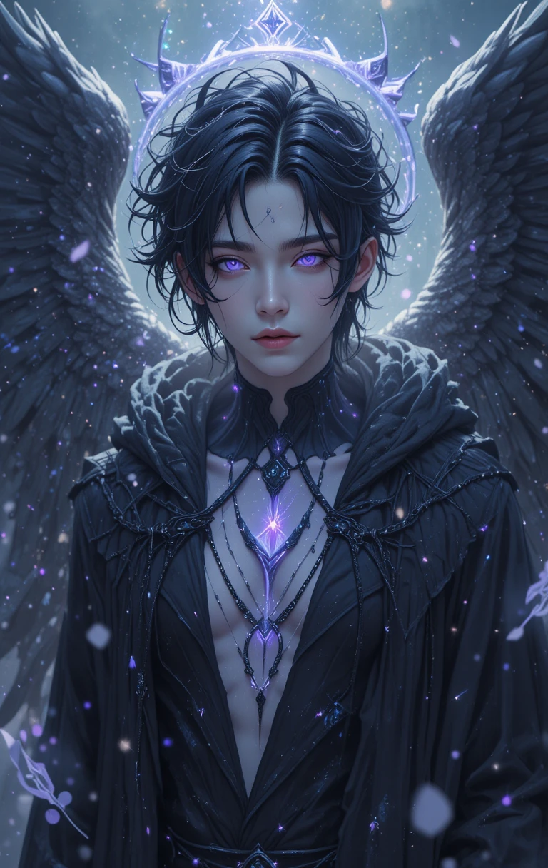 Jovem de anime de asas negras com aura violeta estilhaçada