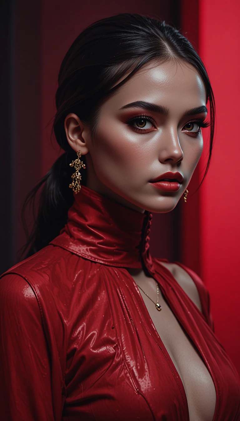 Portrait de mode d’une femme en tenue cramoisie à col montant